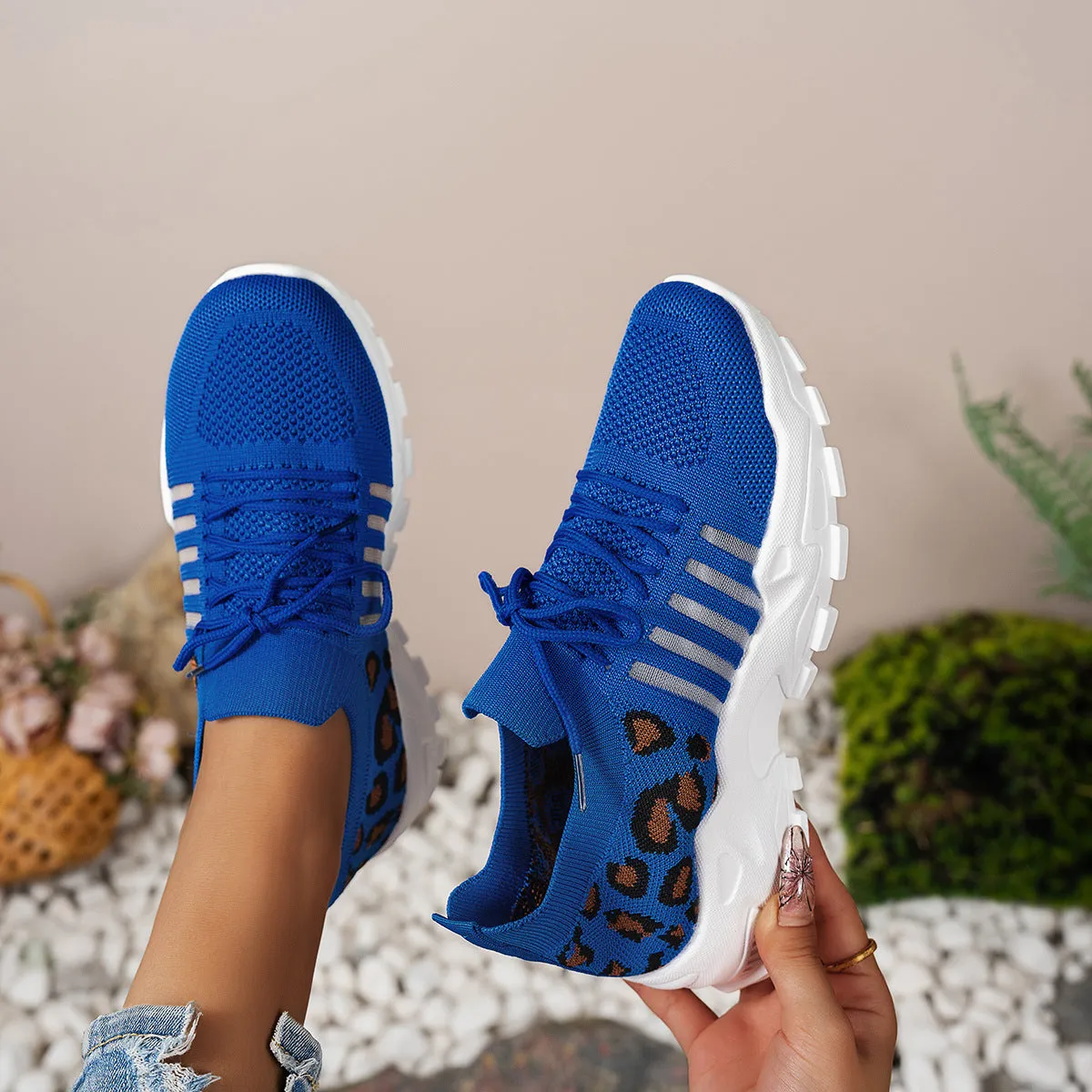 Womens Athletic Sneakers  Flyknit Upper  Low-Top Fit  Leopard Print  Wave Sole
