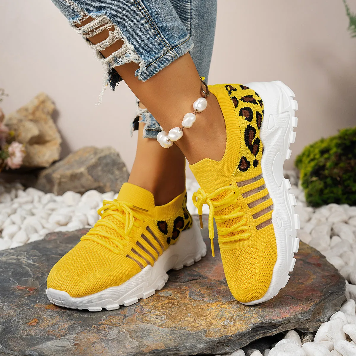 Womens Athletic Sneakers  Flyknit Upper  Low-Top Fit  Leopard Print  Wave Sole