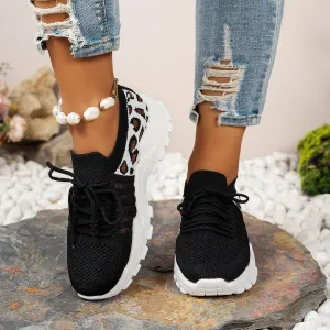 Womens Athletic Sneakers  Flyknit Upper  Low-Top Fit  Leopard Print  Wave Sole