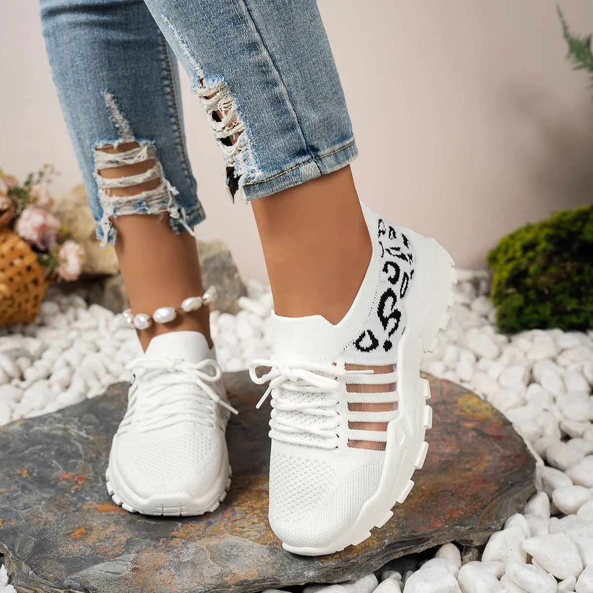 Womens Athletic Sneakers  Flyknit Upper  Low-Top Fit  Leopard Print  Wave Sole
