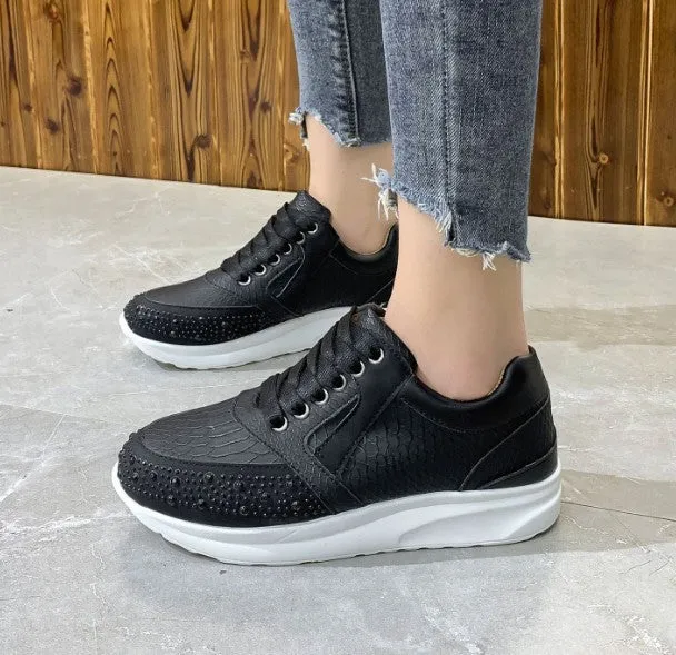 Womens Athletic Sneakers  Rhinestone Embellished  Textured Pattern  Lace-Up Fit