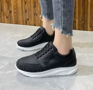 Womens Athletic Sneakers  Rhinestone Embellished  Textured Pattern  Lace-Up Fit