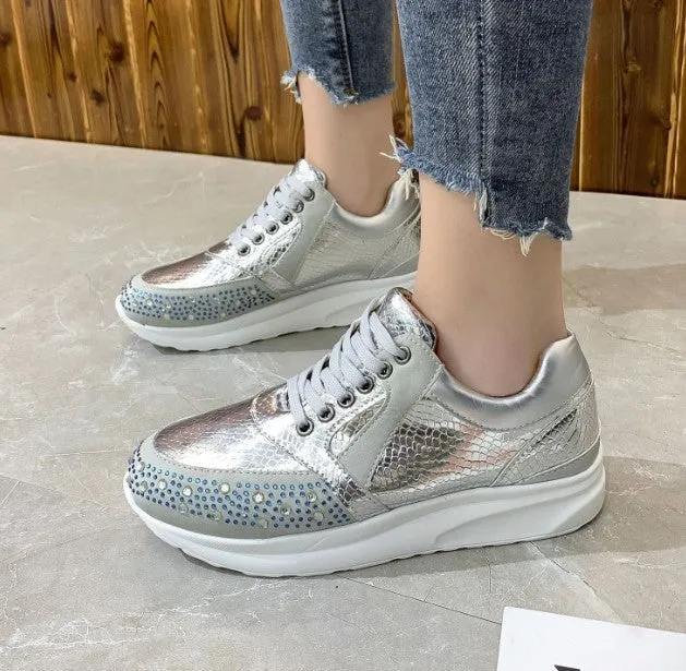 Womens Athletic Sneakers  Rhinestone Embellished  Textured Pattern  Lace-Up Fit
