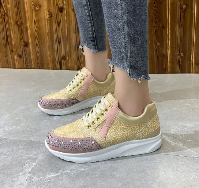 Womens Athletic Sneakers  Rhinestone Embellished  Textured Pattern  Lace-Up Fit