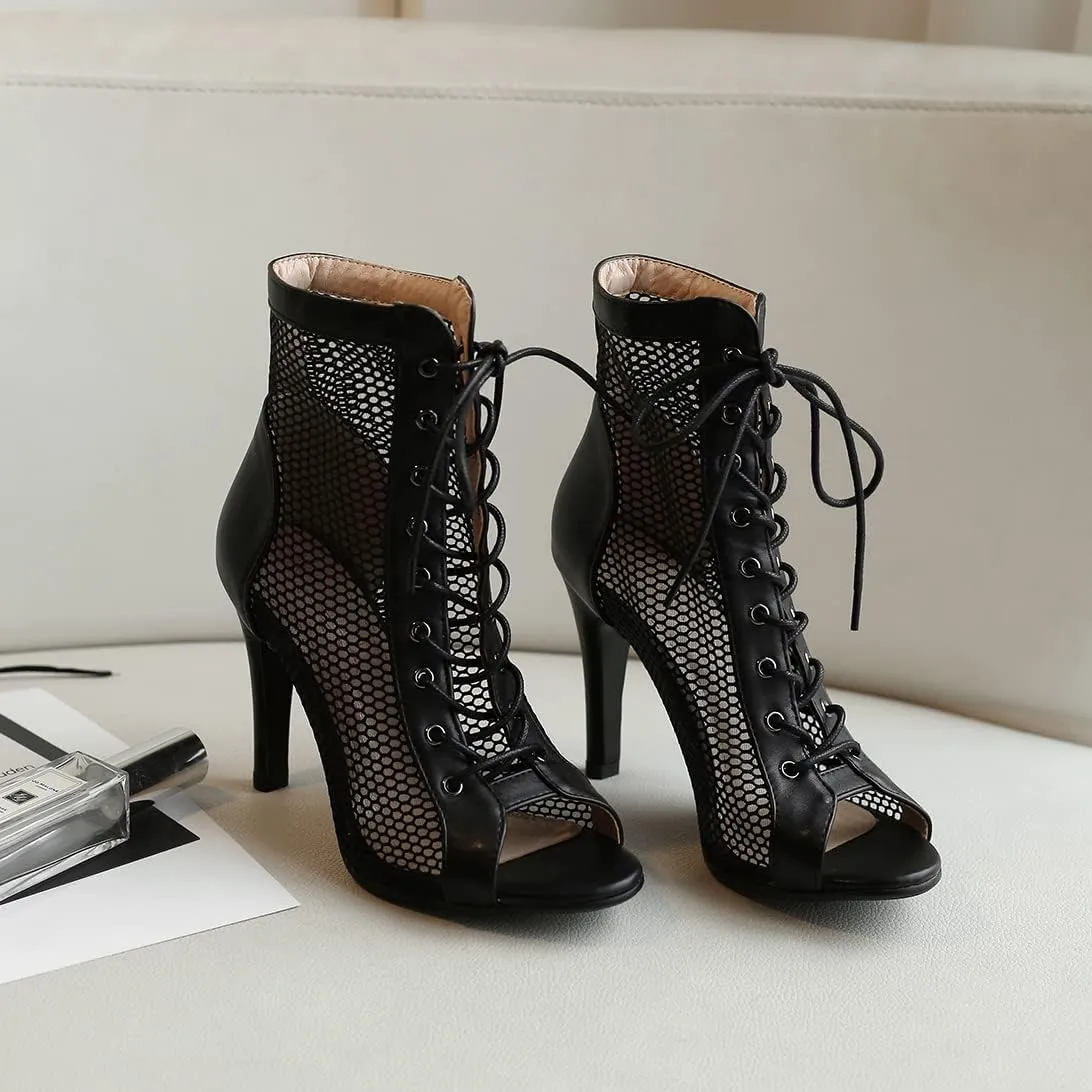 Women's Dance Heels Fashion Summer Peep Toe Ankle Boots Lace Up Pumps Party Shoes Ladies Stiletto Sandals Dancing Shoes