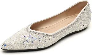 Women's Pointed Square Toe Shiny Rhinestone Flat Dress Shoes,Comfortable Slip-On Soft Memory Foam Work Business Shoes,Dance Ballet Flats,Fashion Wedding Shoes