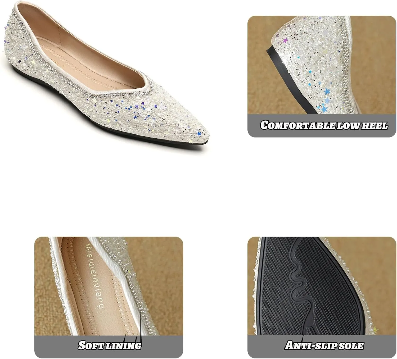 Women's Pointed Square Toe Shiny Rhinestone Flat Dress Shoes,Comfortable Slip-On Soft Memory Foam Work Business Shoes,Dance Ballet Flats,Fashion Wedding Shoes