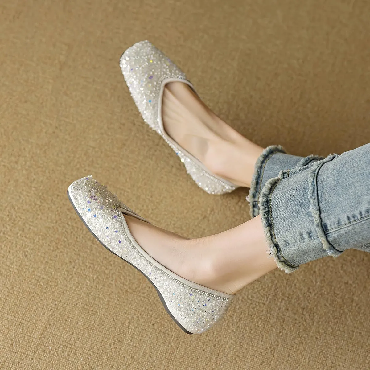 Women's Pointed Square Toe Shiny Rhinestone Flat Dress Shoes,Comfortable Slip-On Soft Memory Foam Work Business Shoes,Dance Ballet Flats,Fashion Wedding Shoes