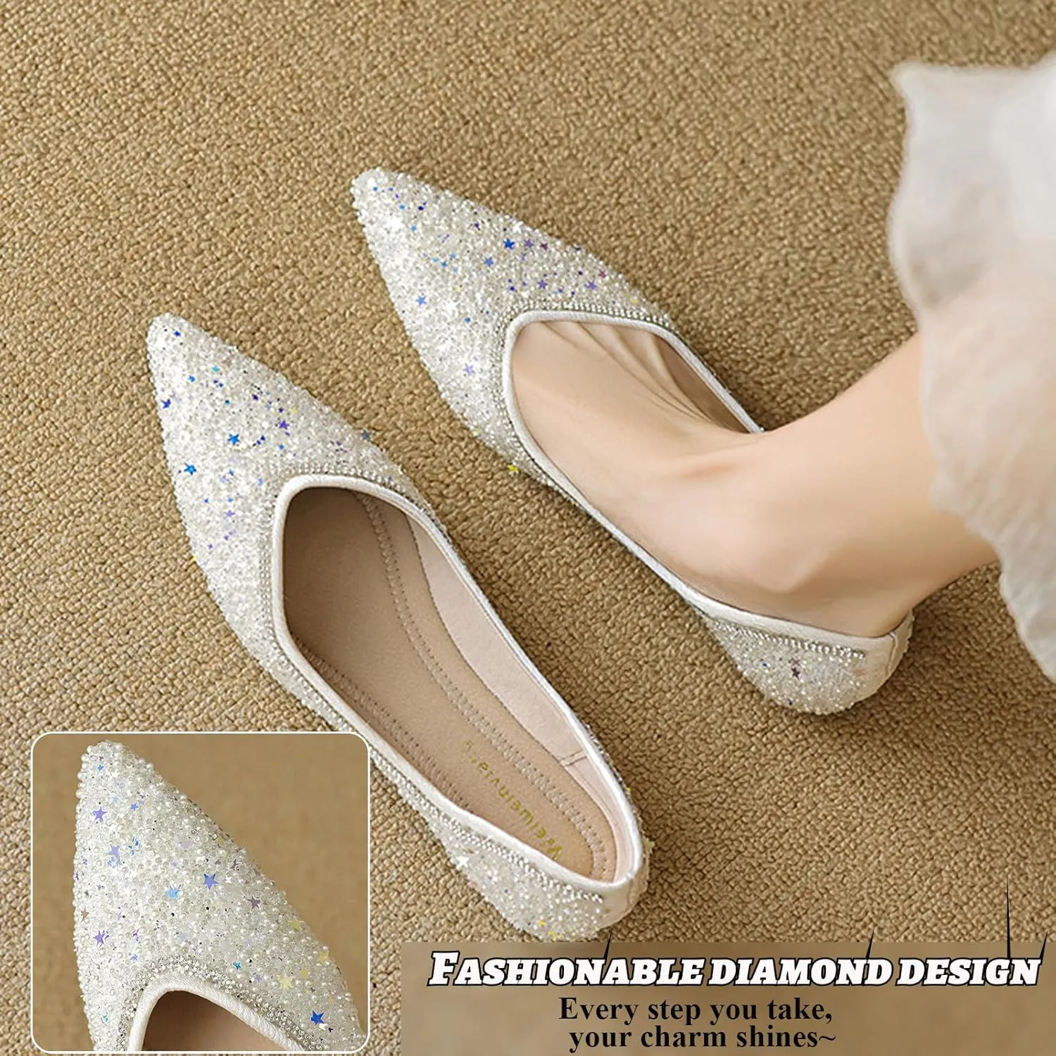Women's Pointed Square Toe Shiny Rhinestone Flat Dress Shoes,Comfortable Slip-On Soft Memory Foam Work Business Shoes,Dance Ballet Flats,Fashion Wedding Shoes