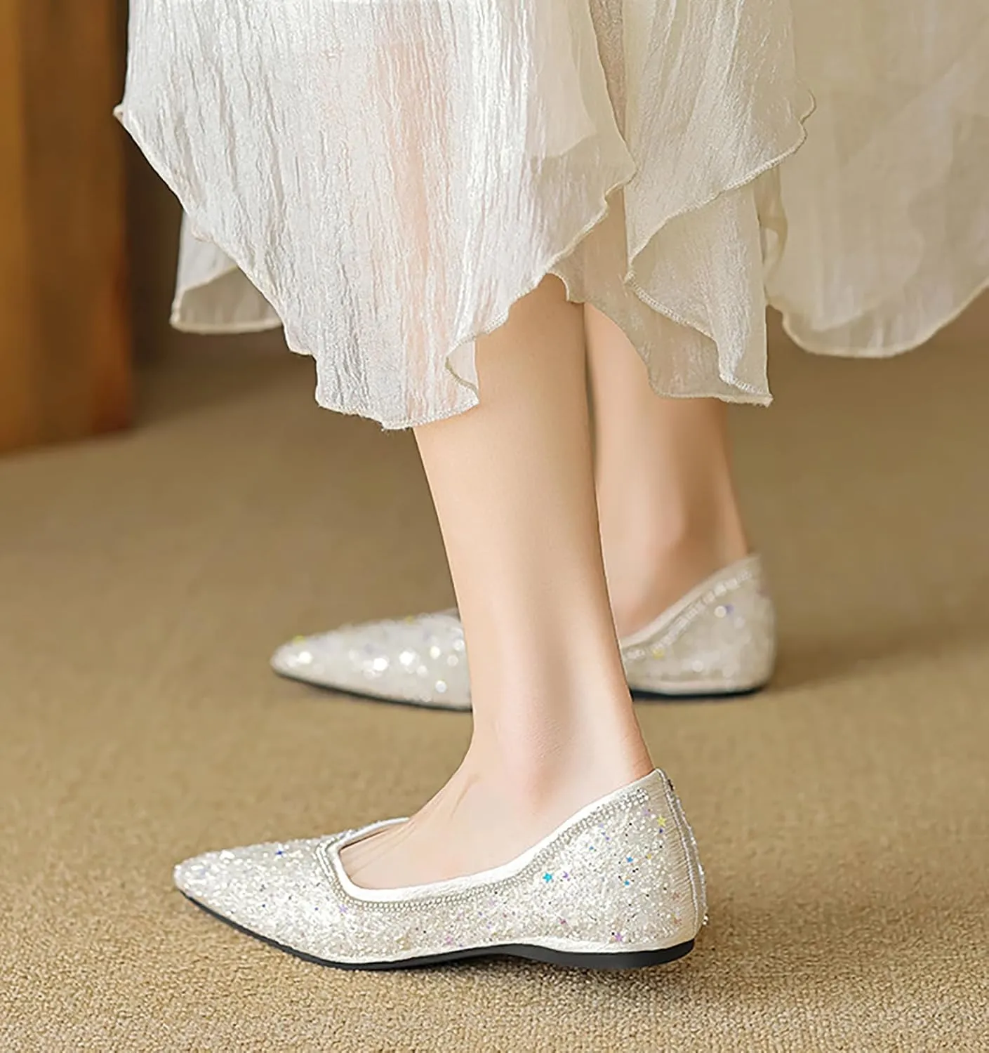 Women's Pointed Square Toe Shiny Rhinestone Flat Dress Shoes,Comfortable Slip-On Soft Memory Foam Work Business Shoes,Dance Ballet Flats,Fashion Wedding Shoes