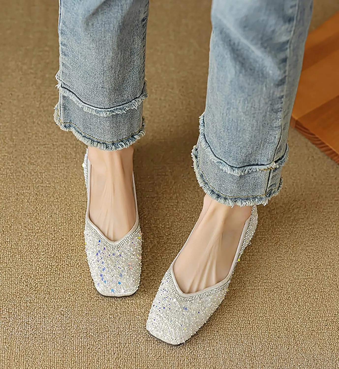 Women's Pointed Square Toe Shiny Rhinestone Flat Dress Shoes,Comfortable Slip-On Soft Memory Foam Work Business Shoes,Dance Ballet Flats,Fashion Wedding Shoes