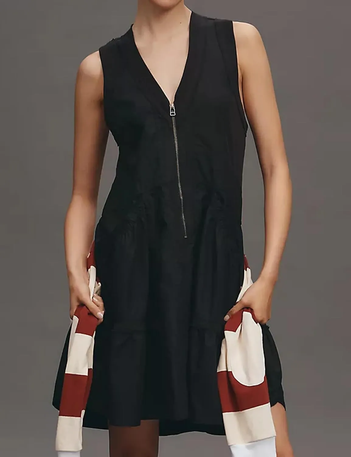 Womens Summer Half Zip Up Tank Mini Dress Sleeveless V Neck Sporty Utility Casual Dresses with Pockets