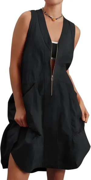 Womens Summer Half Zip Up Tank Mini Dress Sleeveless V Neck Sporty Utility Casual Dresses with Pockets