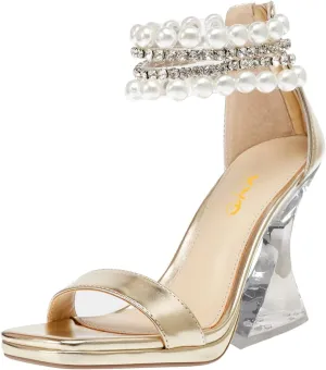 XYD Square Open Toe Ankle Strap Dress Sandals Chunky Heels Platform Rhinestone Transparent High Heeled Pumps Back Zip Prom Wedding Shoes for Women