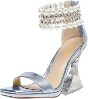 XYD Square Open Toe Ankle Strap Dress Sandals Chunky Heels Platform Rhinestone Transparent High Heeled Pumps Back Zip Prom Wedding Shoes for Women