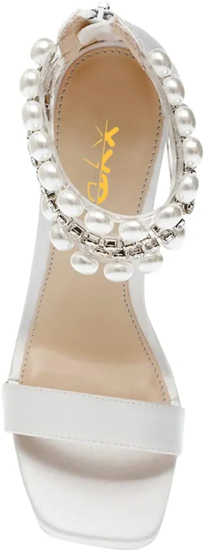 XYD Square Open Toe Ankle Strap Dress Sandals Chunky Heels Platform Rhinestone Transparent High Heeled Pumps Back Zip Prom Wedding Shoes for Women