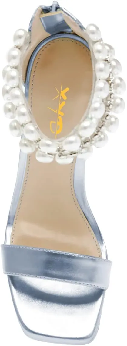 XYD Square Open Toe Ankle Strap Dress Sandals Chunky Heels Platform Rhinestone Transparent High Heeled Pumps Back Zip Prom Wedding Shoes for Women