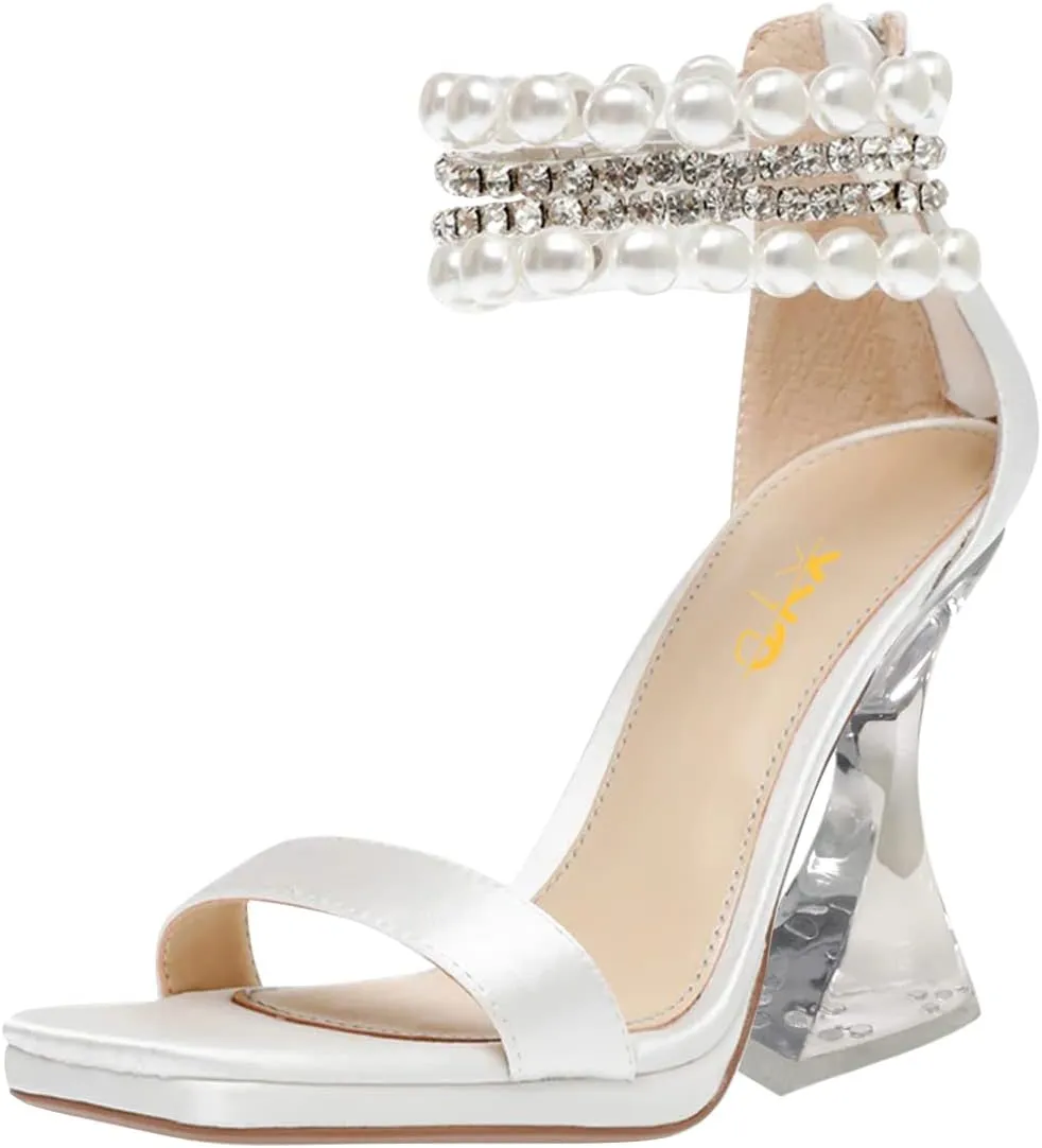 XYD Square Open Toe Ankle Strap Dress Sandals Chunky Heels Platform Rhinestone Transparent High Heeled Pumps Back Zip Prom Wedding Shoes for Women