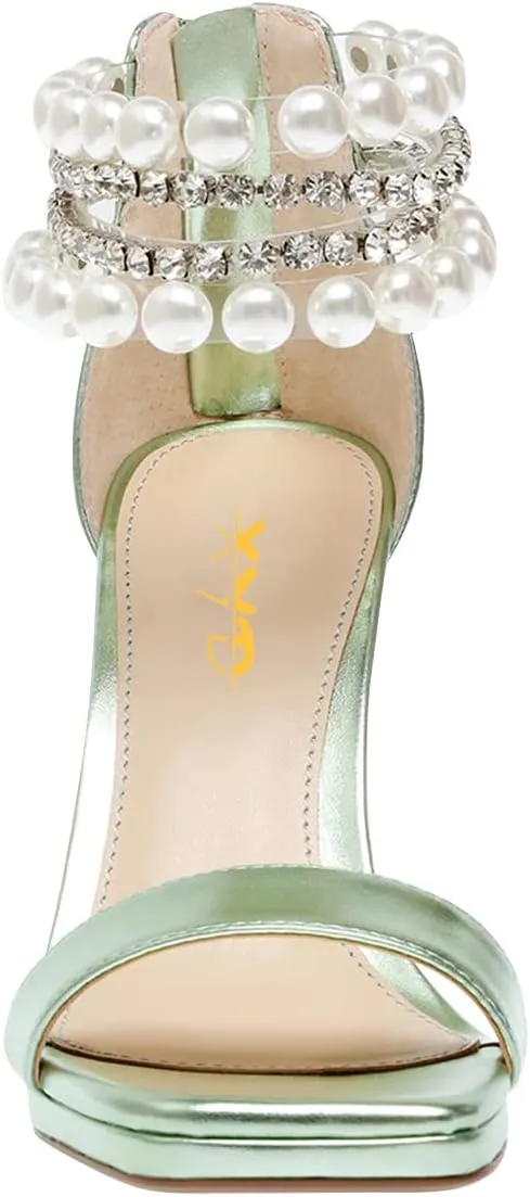 XYD Square Open Toe Ankle Strap Dress Sandals Chunky Heels Platform Rhinestone Transparent High Heeled Pumps Back Zip Prom Wedding Shoes for Women