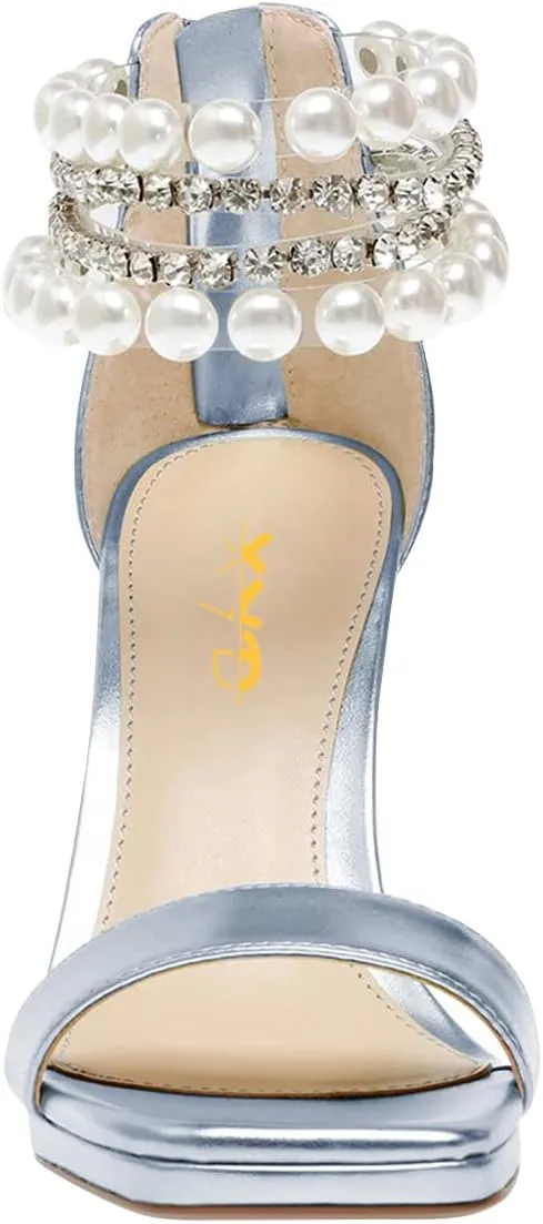 XYD Square Open Toe Ankle Strap Dress Sandals Chunky Heels Platform Rhinestone Transparent High Heeled Pumps Back Zip Prom Wedding Shoes for Women