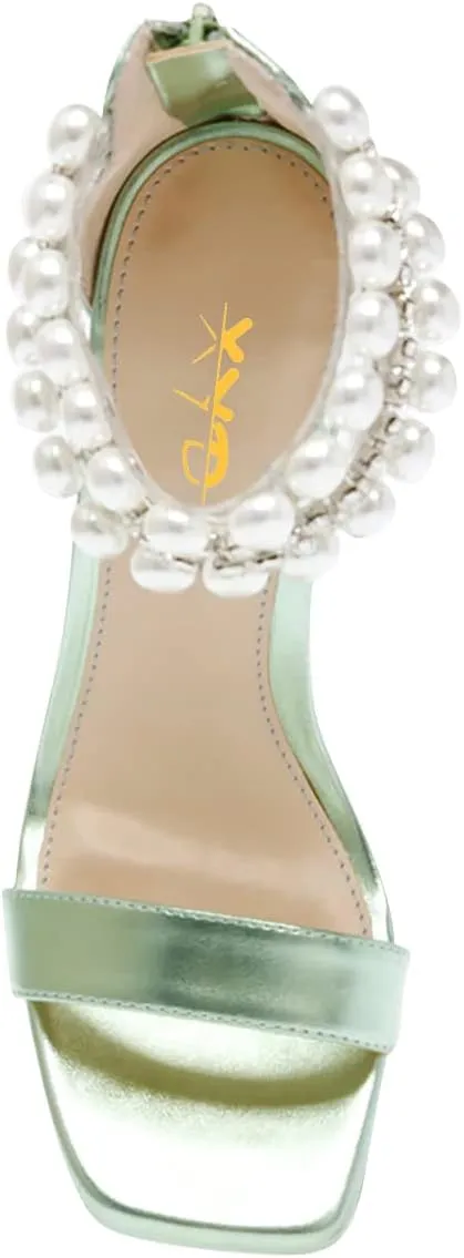 XYD Square Open Toe Ankle Strap Dress Sandals Chunky Heels Platform Rhinestone Transparent High Heeled Pumps Back Zip Prom Wedding Shoes for Women
