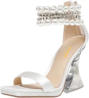 XYD Square Open Toe Ankle Strap Dress Sandals Chunky Heels Platform Rhinestone Transparent High Heeled Pumps Back Zip Prom Wedding Shoes for Women