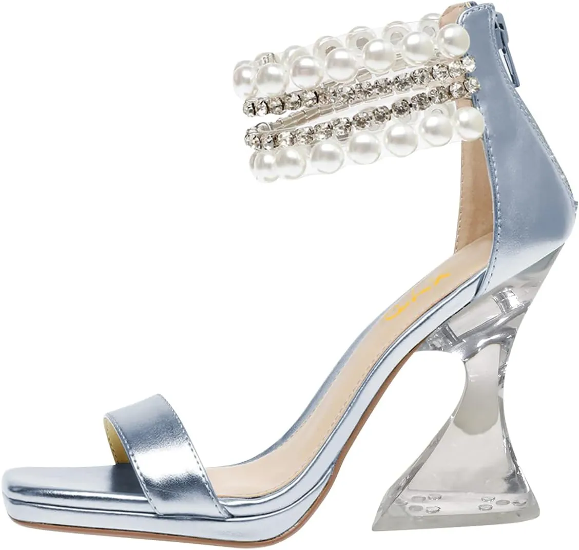 XYD Square Open Toe Ankle Strap Dress Sandals Chunky Heels Platform Rhinestone Transparent High Heeled Pumps Back Zip Prom Wedding Shoes for Women