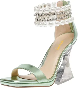 XYD Square Open Toe Ankle Strap Dress Sandals Chunky Heels Platform Rhinestone Transparent High Heeled Pumps Back Zip Prom Wedding Shoes for Women