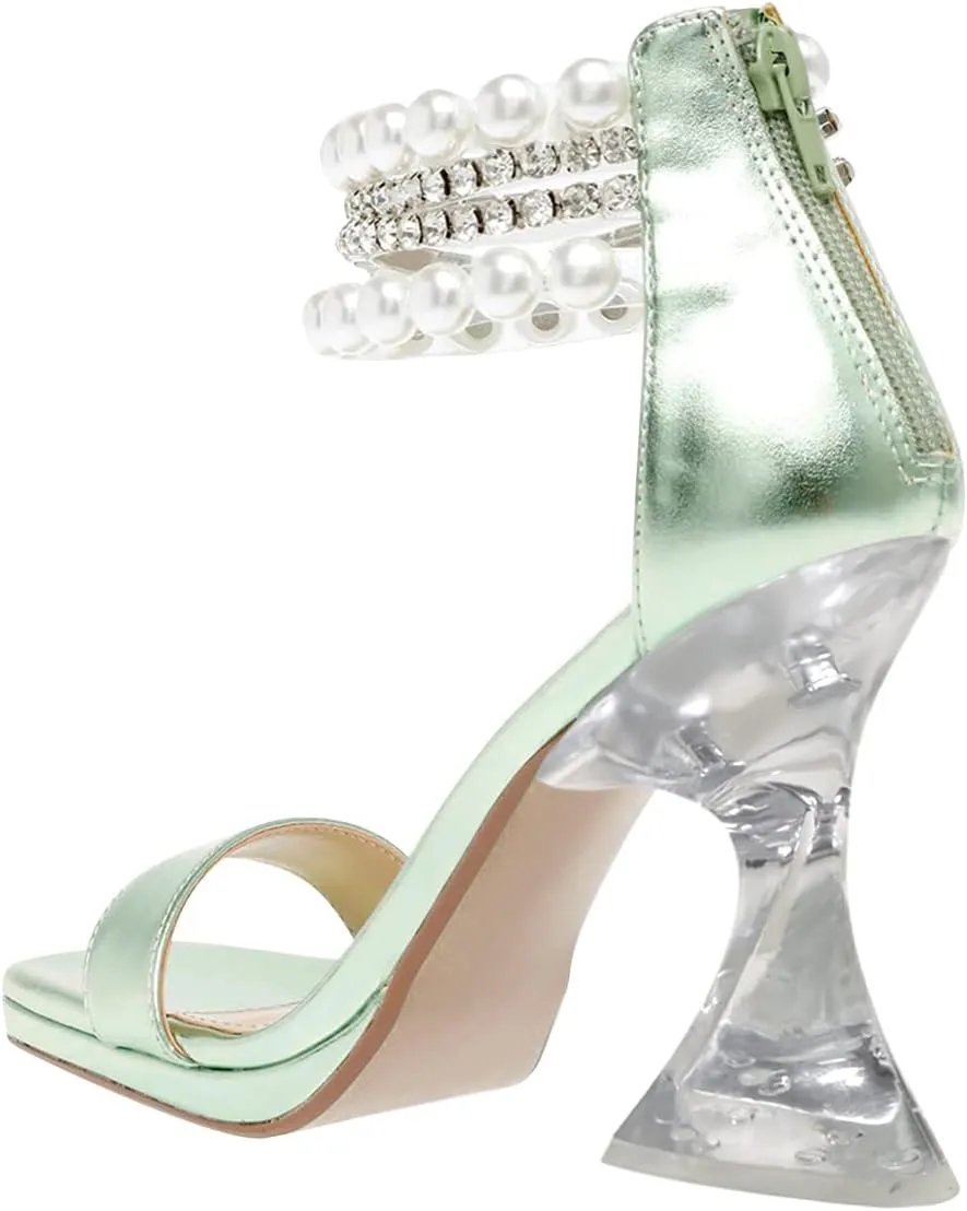 XYD Square Open Toe Ankle Strap Dress Sandals Chunky Heels Platform Rhinestone Transparent High Heeled Pumps Back Zip Prom Wedding Shoes for Women