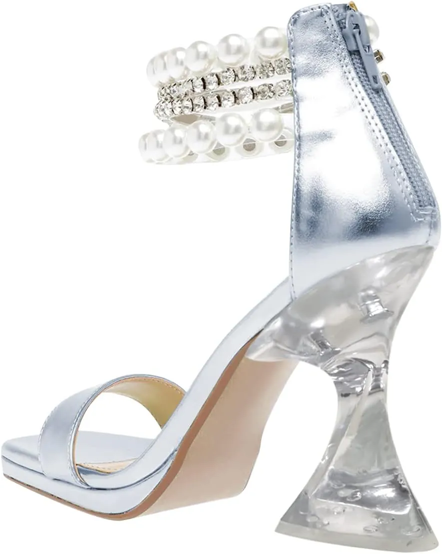XYD Square Open Toe Ankle Strap Dress Sandals Chunky Heels Platform Rhinestone Transparent High Heeled Pumps Back Zip Prom Wedding Shoes for Women