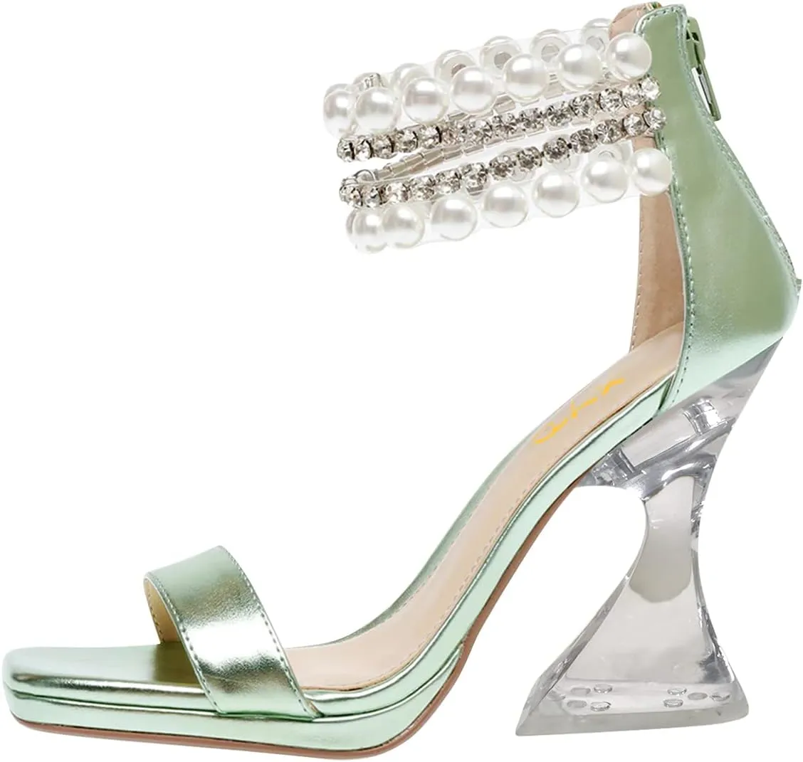 XYD Square Open Toe Ankle Strap Dress Sandals Chunky Heels Platform Rhinestone Transparent High Heeled Pumps Back Zip Prom Wedding Shoes for Women