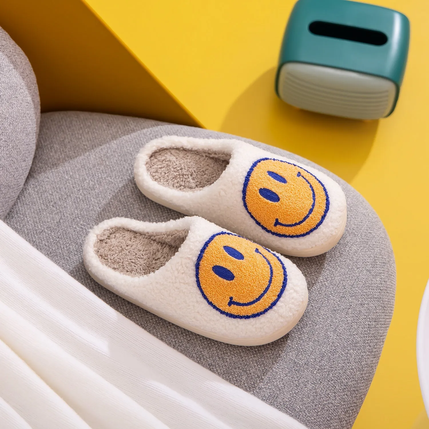 Yellow/Blue Smiley Face Slippers